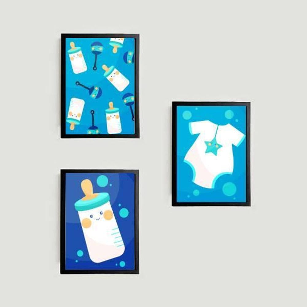 Kit 3 Quadros Infantis Mamadeiras Azuis 45X34 Vidro Preta