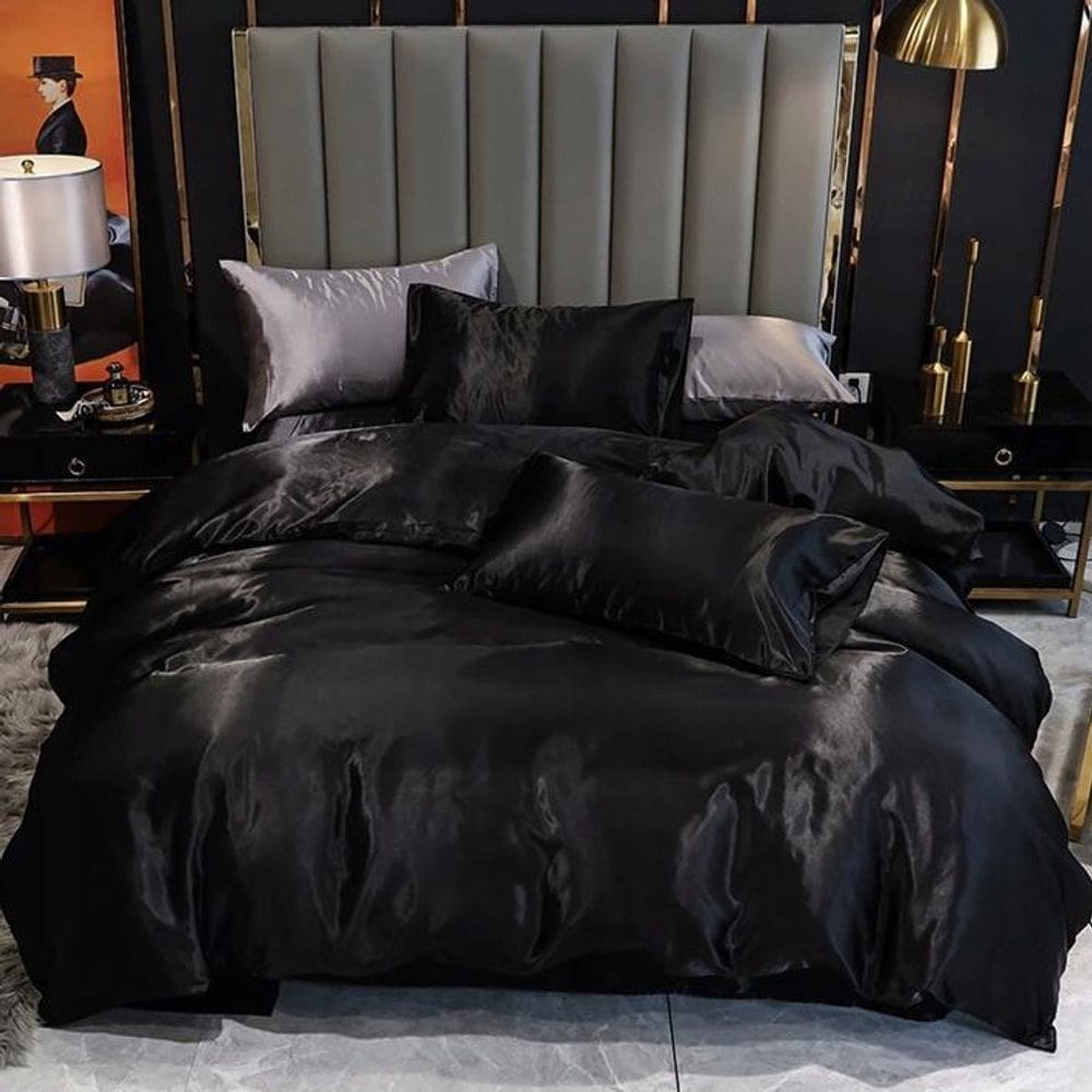 Jogo De Cama Solteiro King Cetim 7Pç Completo Preto C/Prata