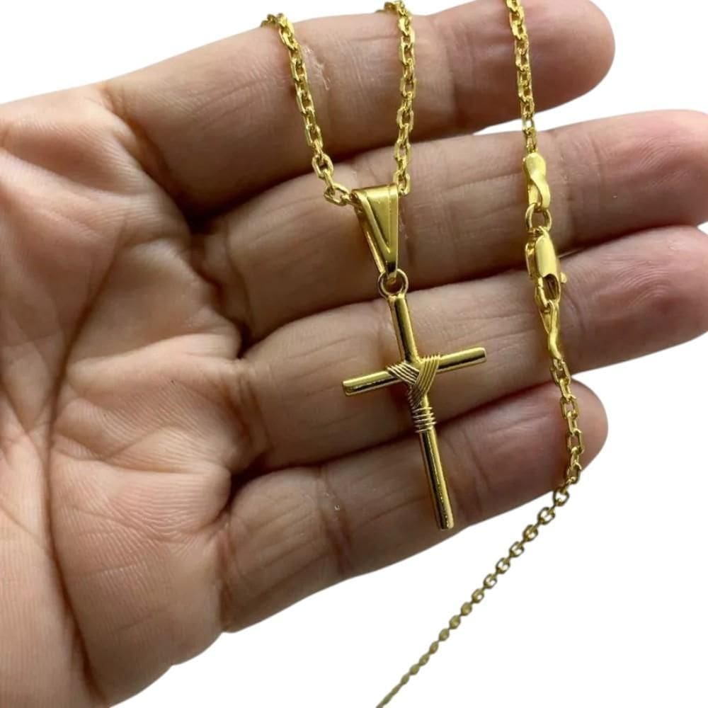 Cordão 2Mm Cadeado + Pingente Cruz Fio - Banhado A Ouro
