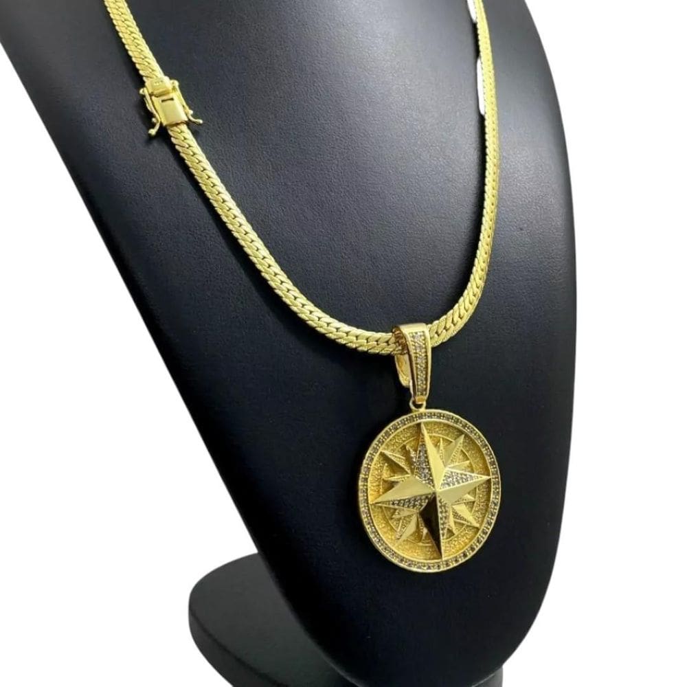 Cordão 7Mm Laminado + Pingente Rosa Ventos - Banhado A Ouro