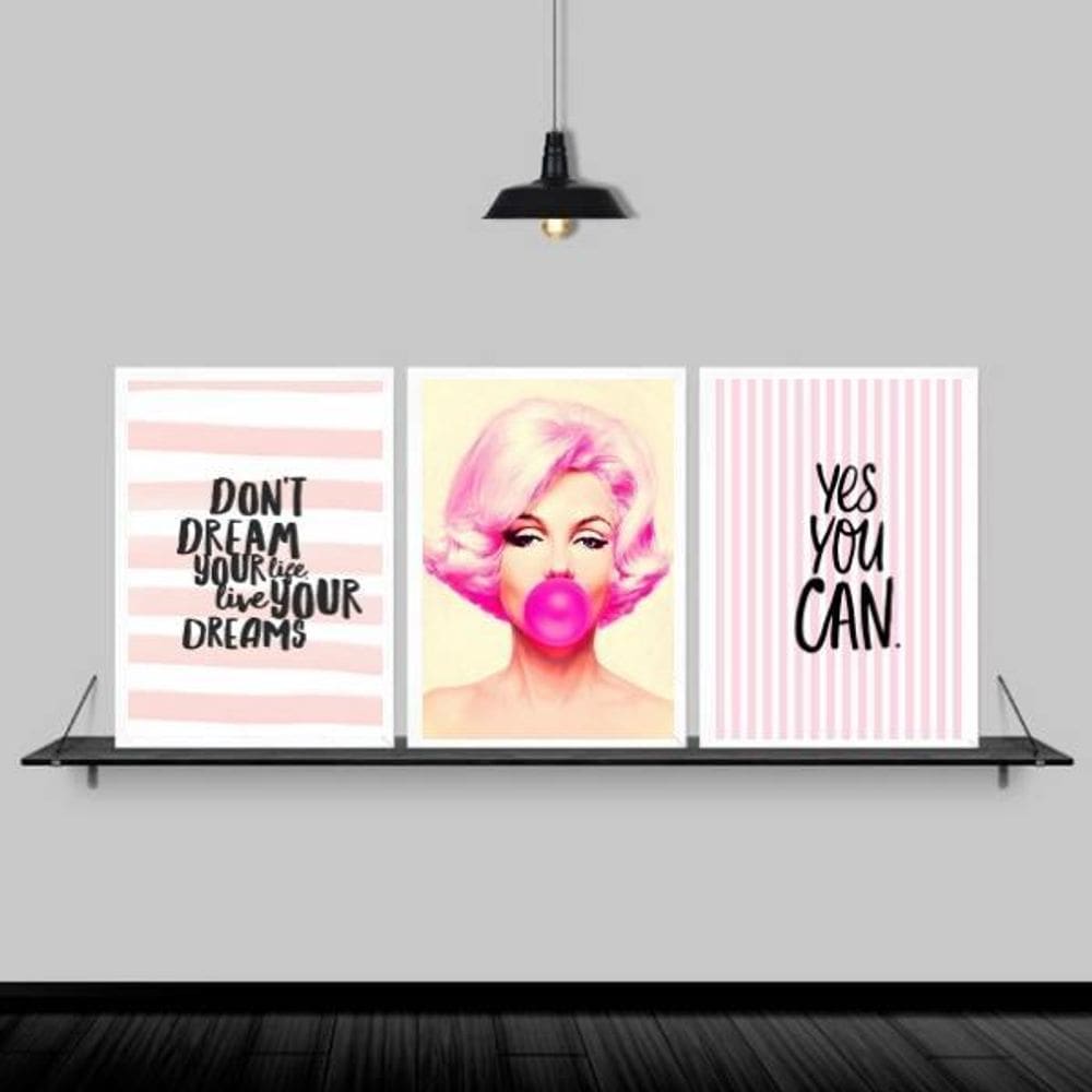 Kit 3 Quadros Marilyn Life Your Dreams 24X18 Moldura Branca