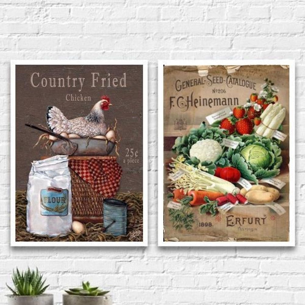 Kit 2 Quadros Para Cozinha Country 45X34Cm Com Vidro Branca