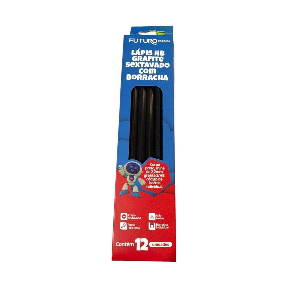 Kit 12 Lápis Sextavado Grafite Hb Com Borracha Corpo Preto