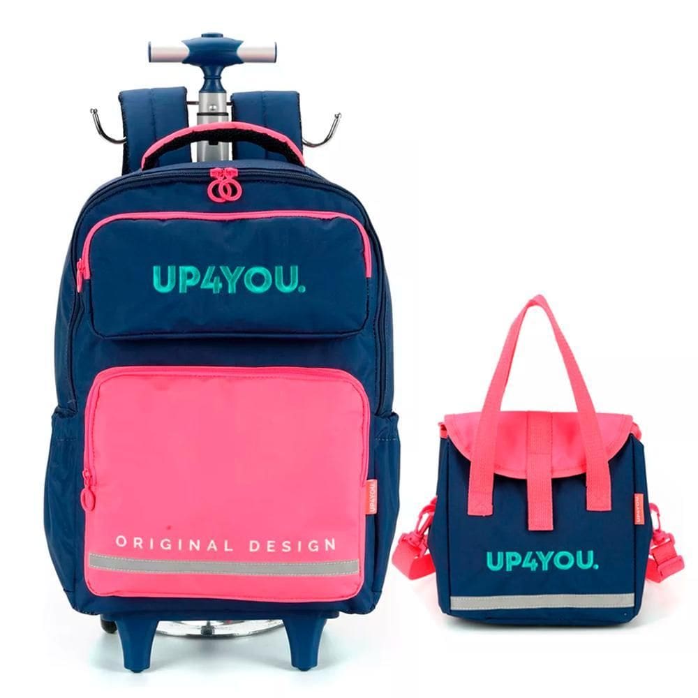 Mochila De Rodinhas + Lancheira Azul E Rosa Up4You - Luxcel