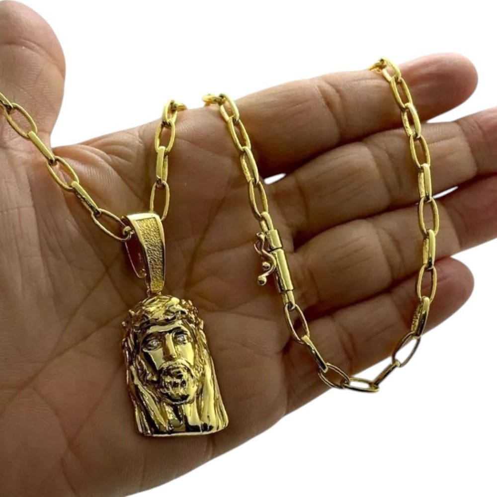 Cordão 5Mm Meia Cana + Pingente Jesus - Banhado A Ouro