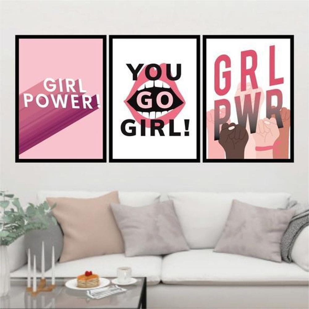 Kit 3 Quadros Girl Power - Grl Pwr 33X24Cm - Moldura Preta