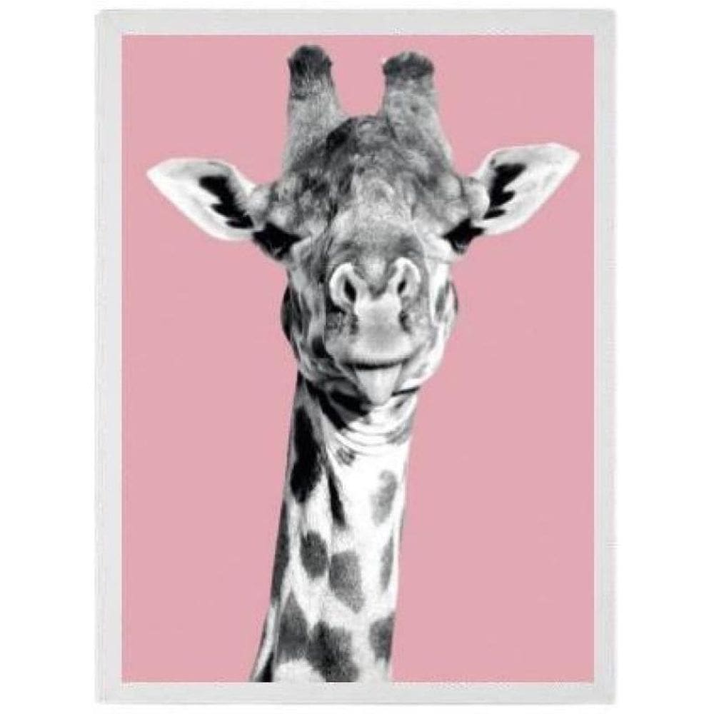 Quadro Foto Girafa Fundo Rosa 45X34Cm - Madeira Branca