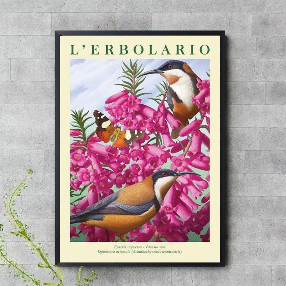 Quadro Passarinhos Com Flores Rosas 45X34Cm - Com Vidro