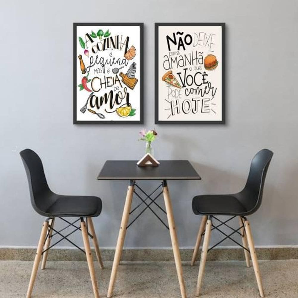Kit 2 Quadros Frases Cozinha Humor 33X24 Com Vidro - Preta