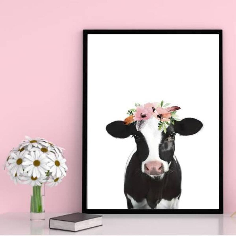 Quadro Decorativo Vaca Flores 34x23cm - Moldura Branca