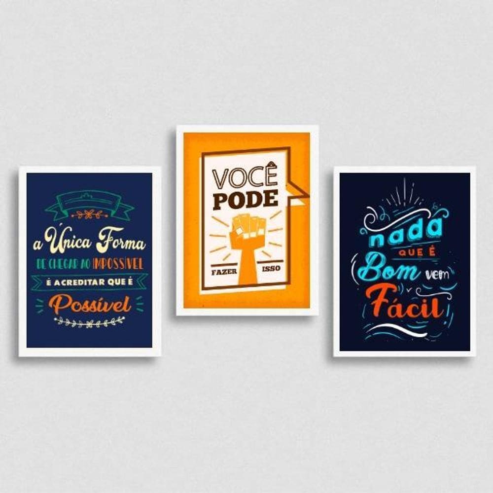 Kit 3 Quadros Frases Motivadoras Trabalho 24X18Cm Branca