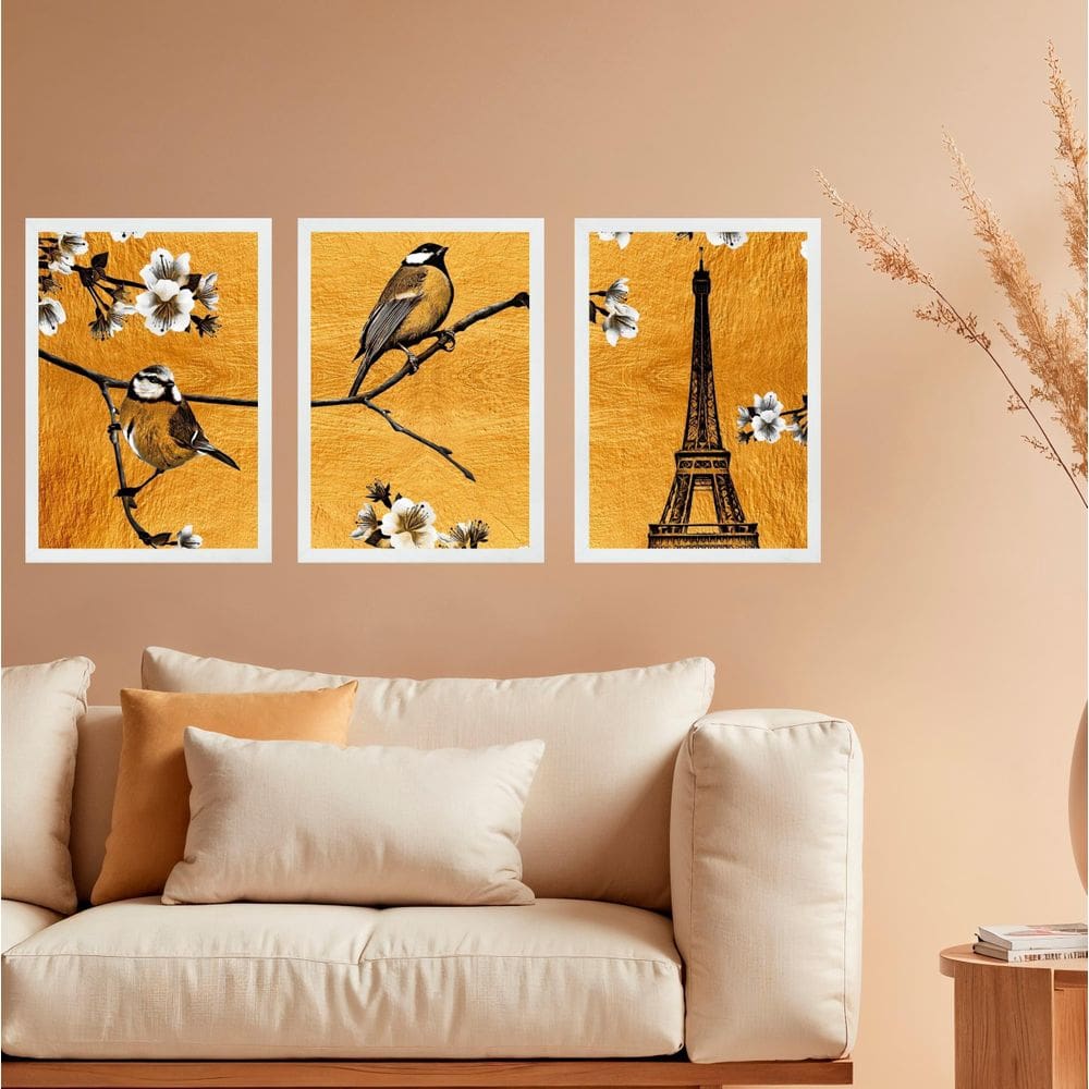 Kit 3 Quadros Passarinhos Paris Torre Eiffel 24X18Cm - Vidro