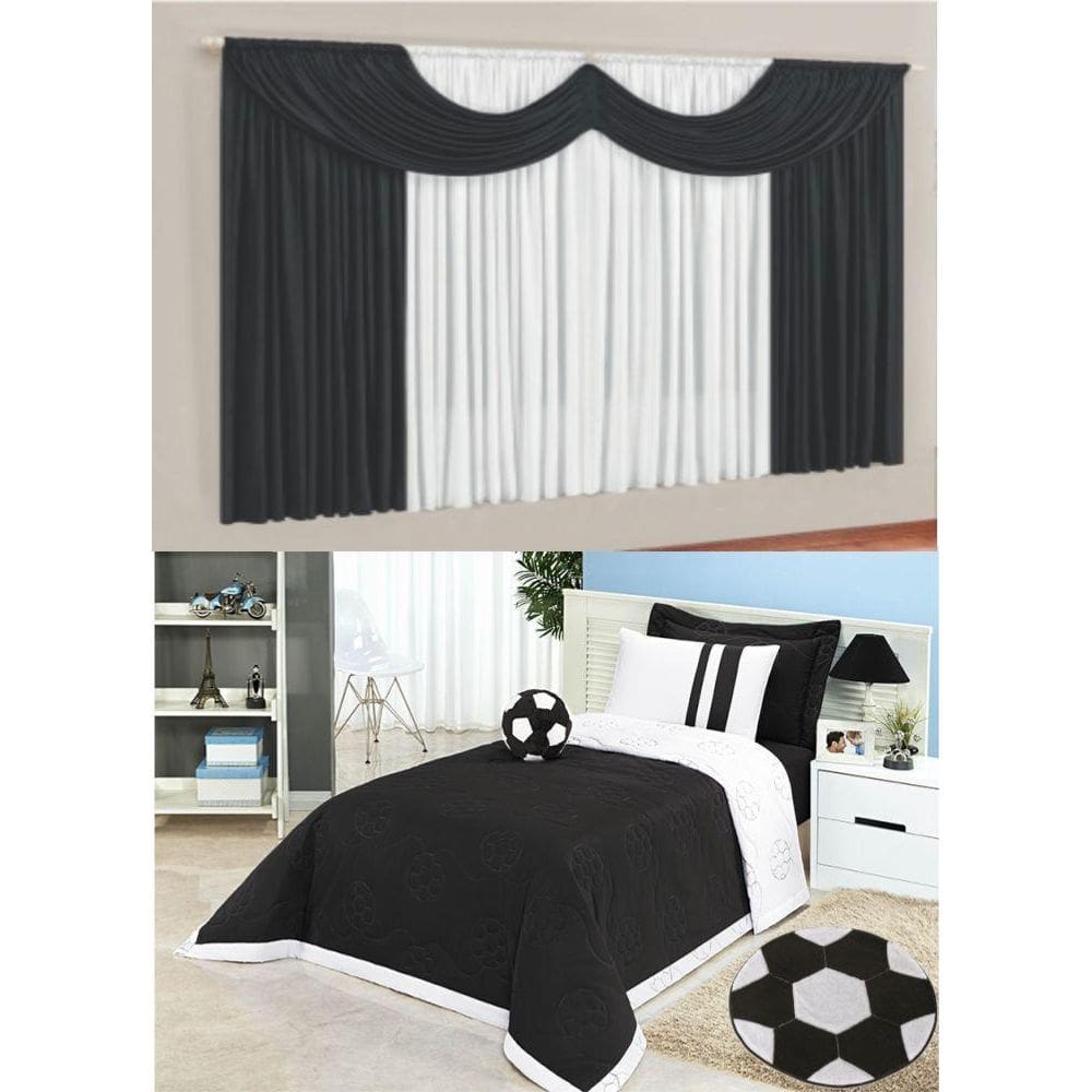 Kit Sports Quarto Menino 6 Peças Cortina + Cobre Leito Preto