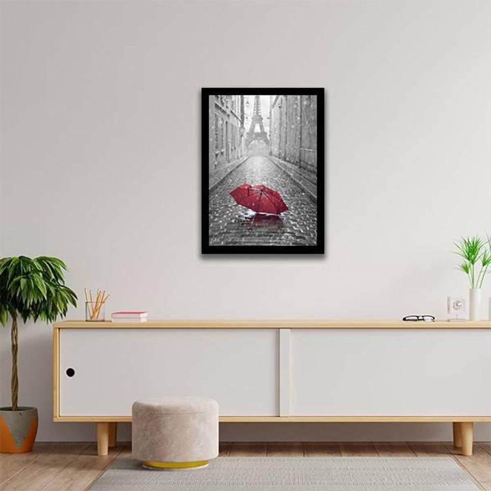 Quadro Decorativo Guarda Chuva Vermelho E Torre Eiffel 45X34Cm