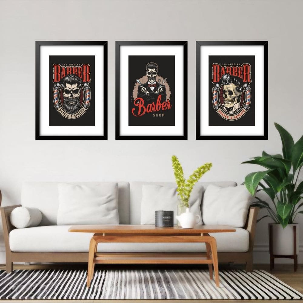 Kit 3 Quadros Grandes Barbearia 60X48Cm