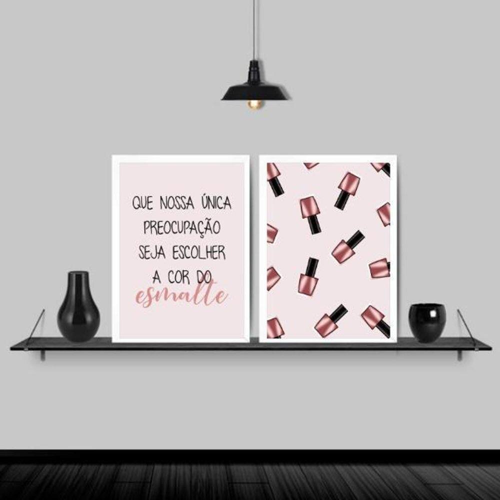 Kit 2 Quadros Para Salão Frase Esmalte 45X34 Moldura Branca