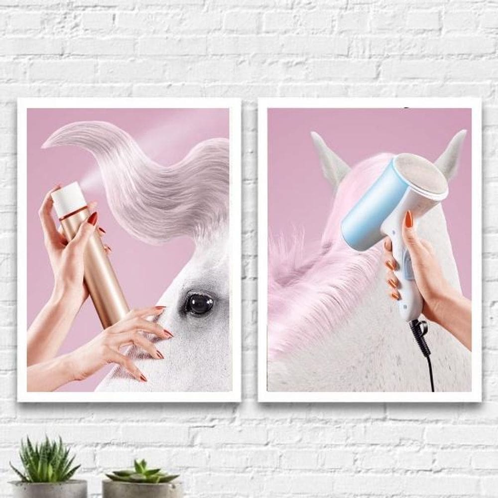 Kit 2 Quadros Salão Crina Cavalo 45X34Cm - Madeira Branca