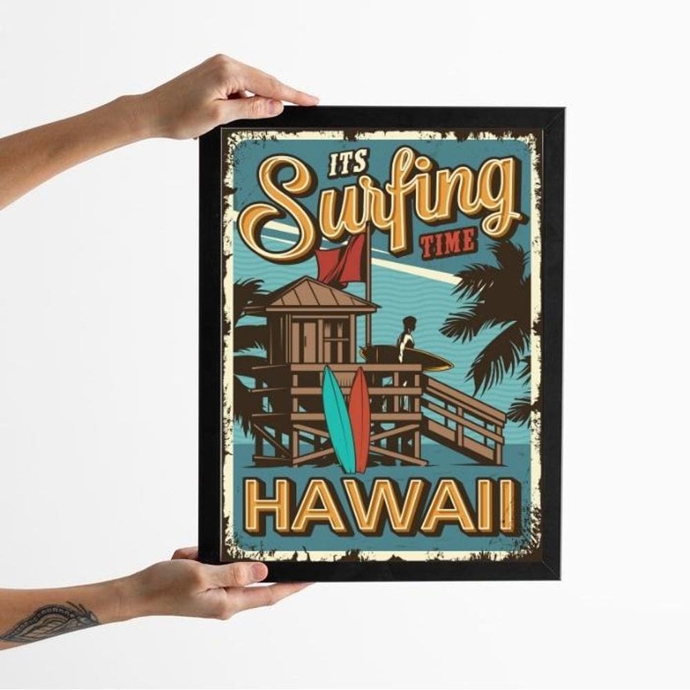 Quadro Decorativo Vintage Surf Hawaii 33X24Cm - Com Vidro