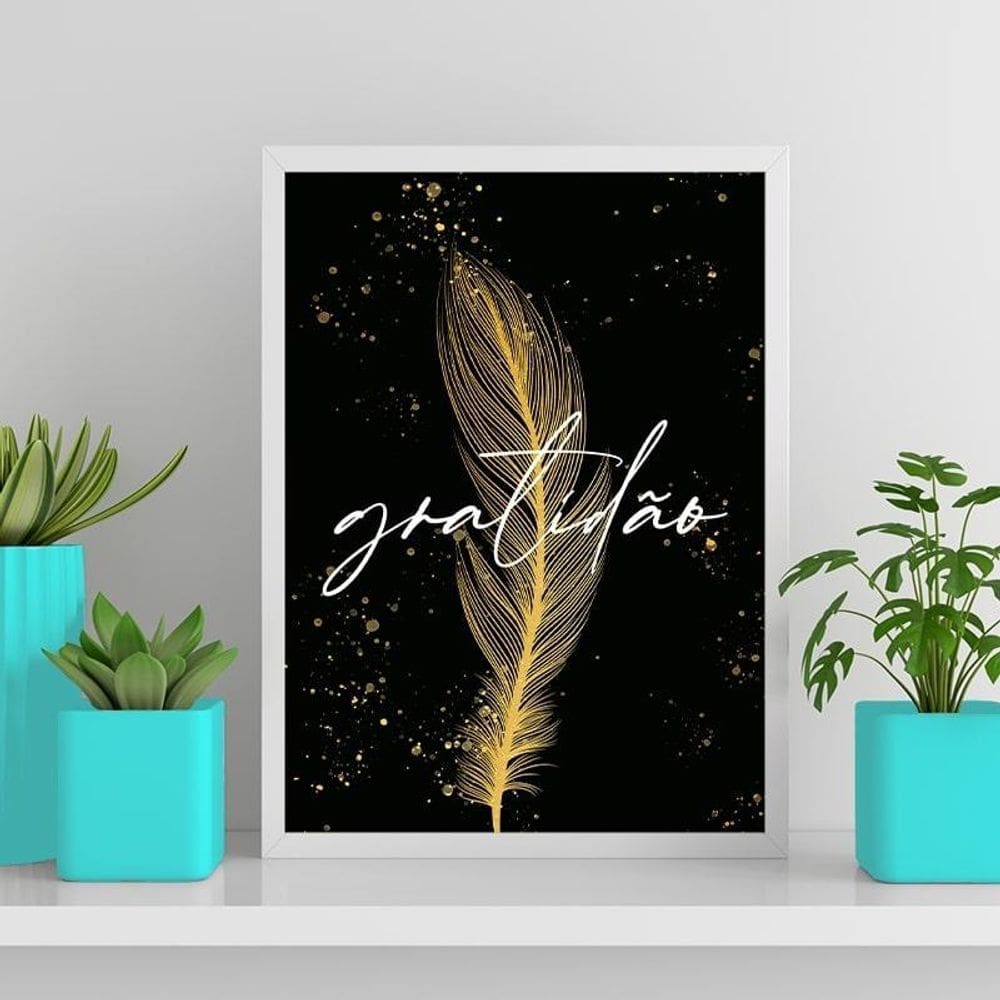 Quadro Pena Dourada Gratidão 33X24Cm - Madeira Branca