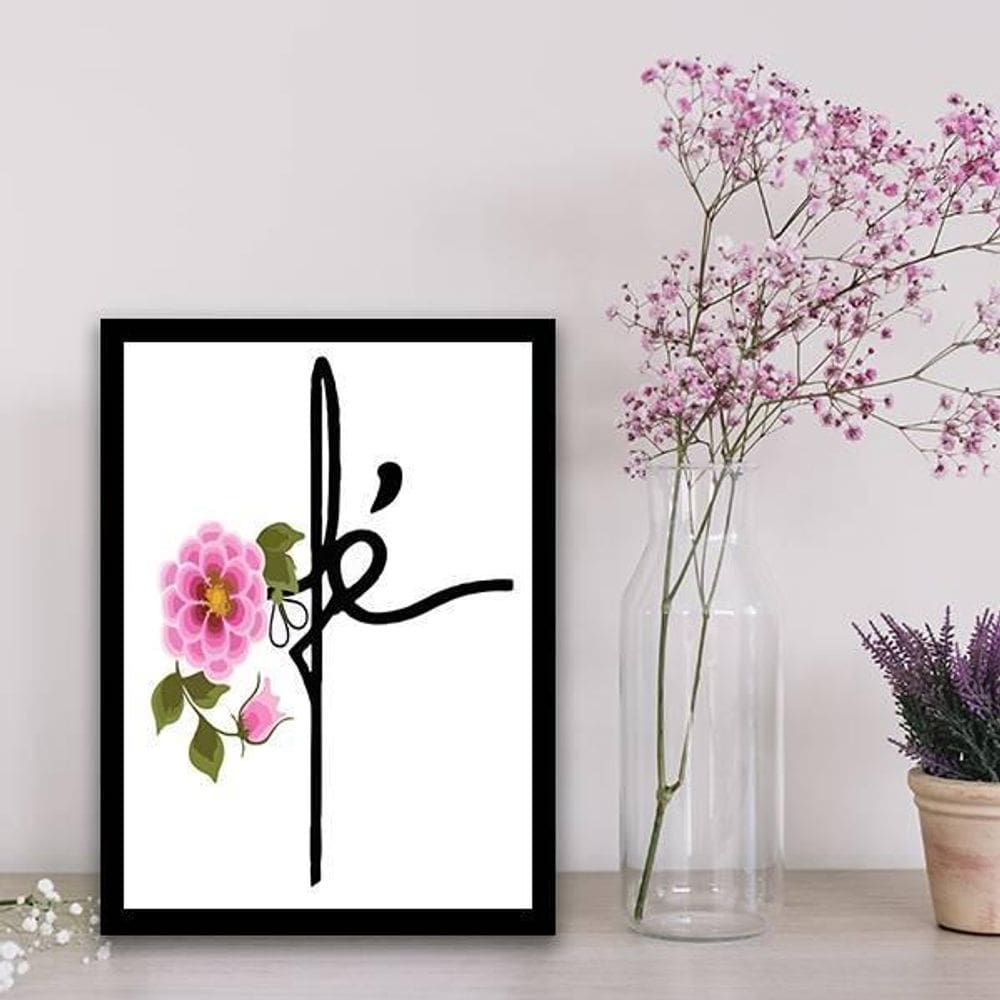 Quadro Palavra Fé Floral 33X24Cm - Com Vidro - Madeira Preta
