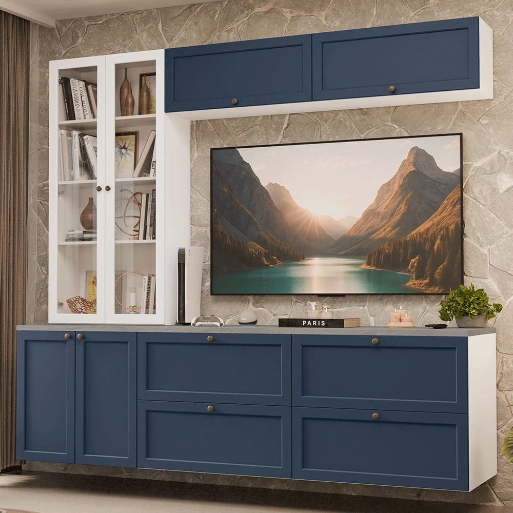 Estante Sala de Estar com Rack + Cristaleira 230cm Branco/Azul/Branco Vik Madesa 01