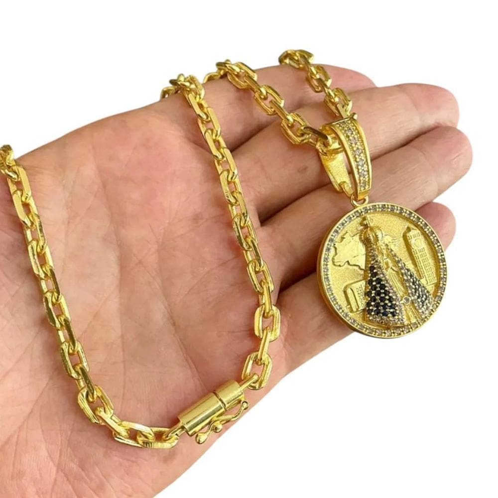 Cordão 6Mm Cadeado + Pingente Nossa Senhora - Banhado A Ouro