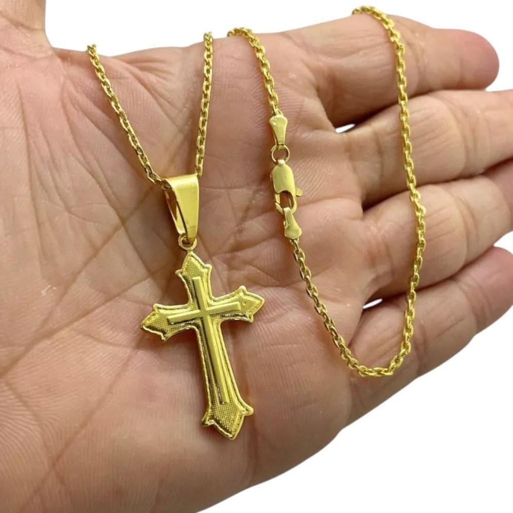 Cordão 2Mm Cadeado + Pingente Cruz Templária Banhado A Ouro