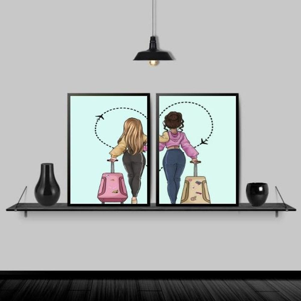 Kit 2 Quadros Melhores Amigas Viajantes 33X24Cm Preta