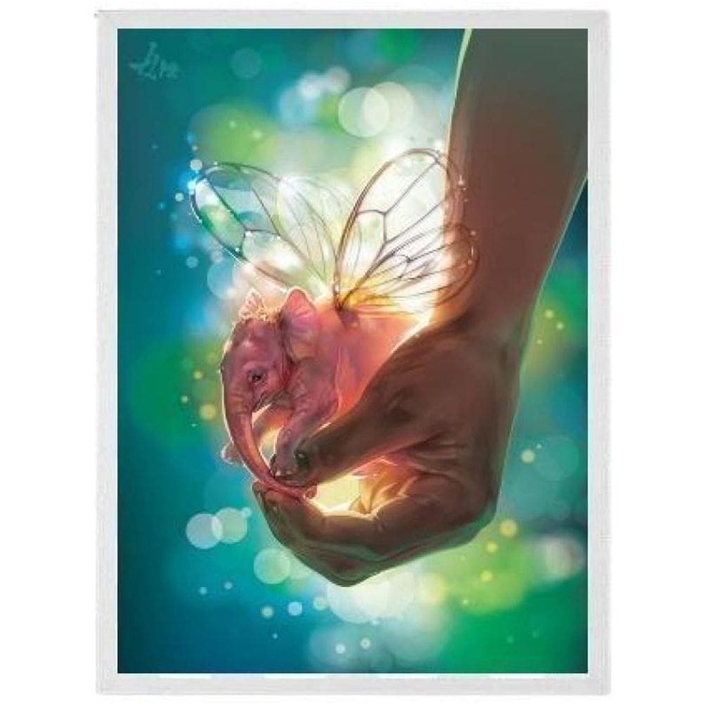 Quadro Elefante Com Asas De Borboleta Moldura Branca 33X24Cm