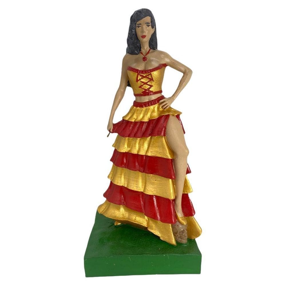 Escultura Pomba Gira Vermelha E Dourada 24 Cm Crânio No Pé