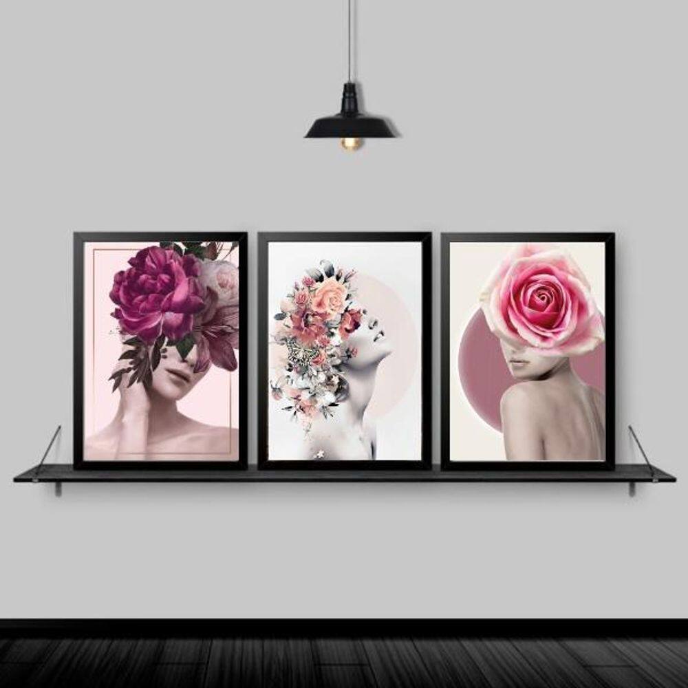 Quadros Fotografia Mulher Floral Moldura Preta 33X24Cm 3Un