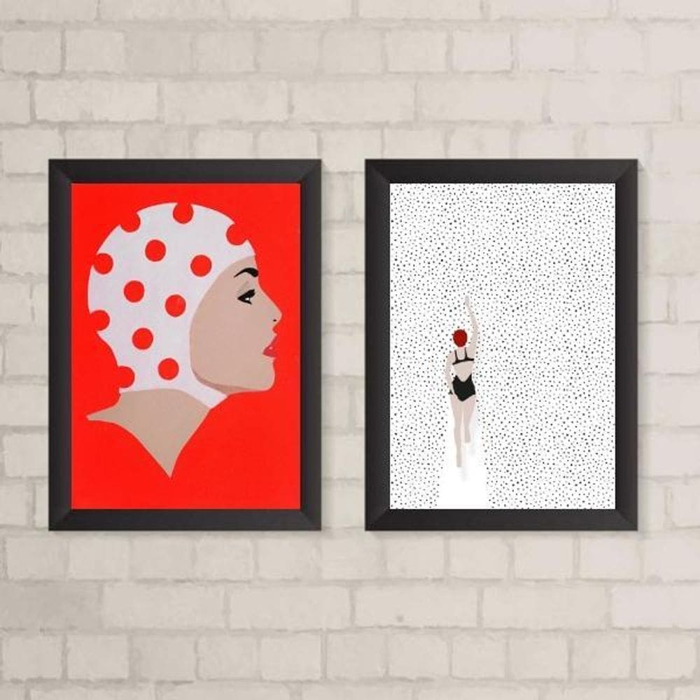 Quadros Natação Nadadora Poá 45x34cm - Vidro e Madeira Preta