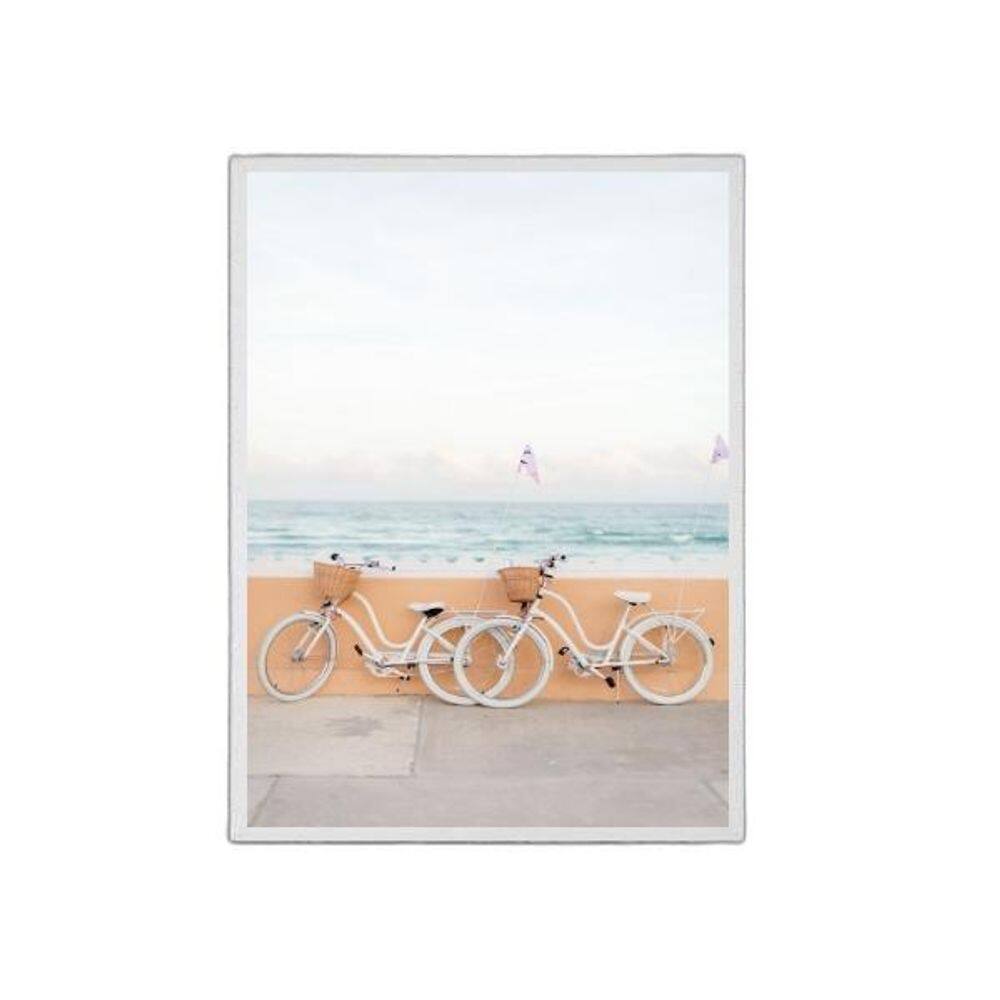 Quadro Fotografia Praia Bicicletas 45X34Cm Madeira Branca