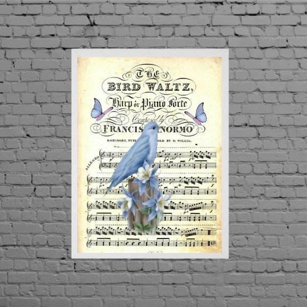 Quadro Vintage Passarinho Com Partitura 24X18Cm