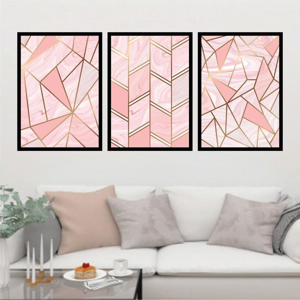 Quadro Geométrico Rosa/Dourado Moldura Preta 24X18Cm 3 Peças