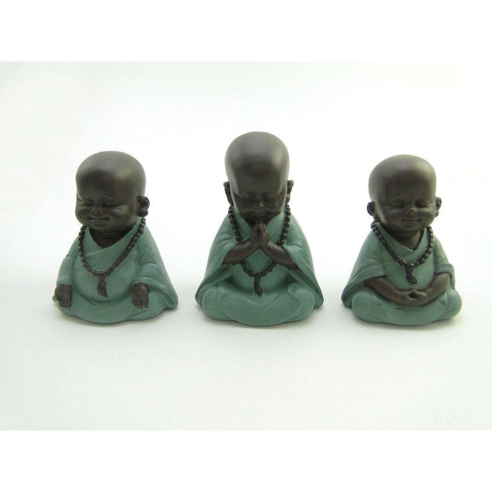 Estátua Trio Buda Mudra Preto E Verde Resina 12 Cm