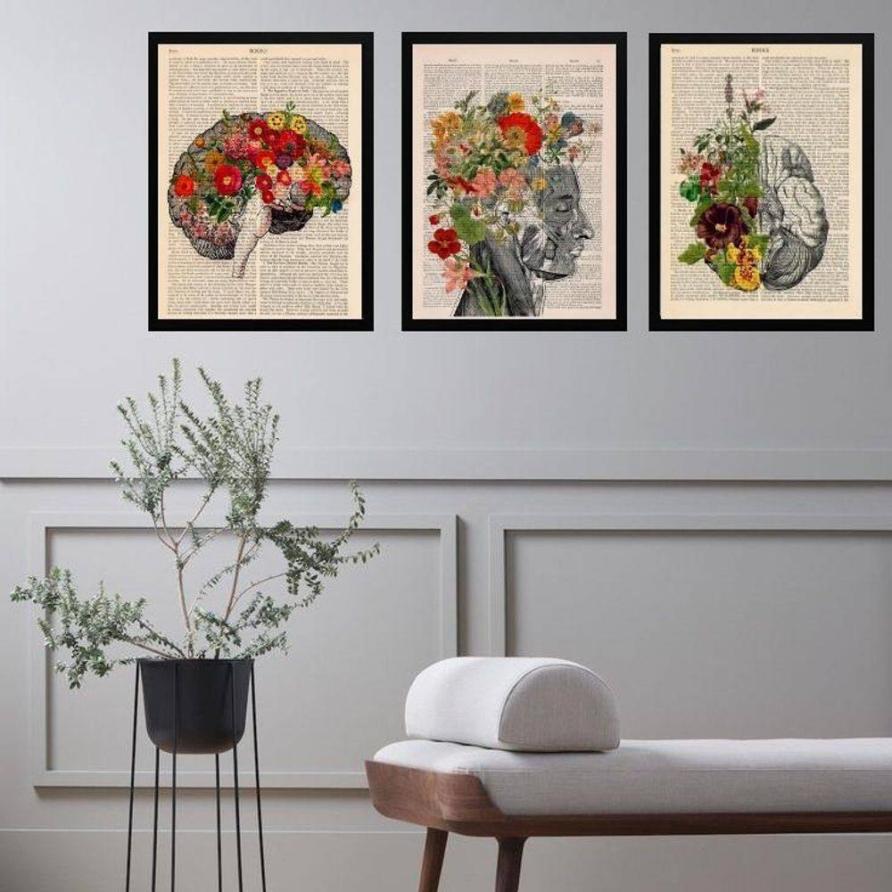 Kit 3 Quadros Psiquiatria Cérebro Flores 45X34Cm - Com Vidro