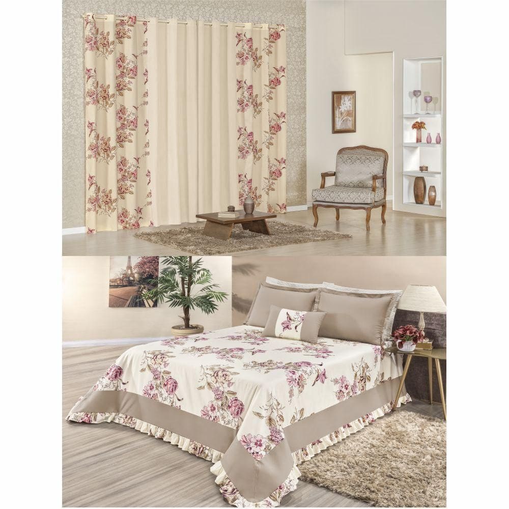 Cobre Leito Casa Show Titan Queen 5 Peças + Cortina Palha