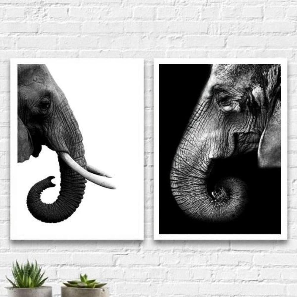Quadros Elefantes Preto E Branco Moldura Branca 45X34Cm 2Un