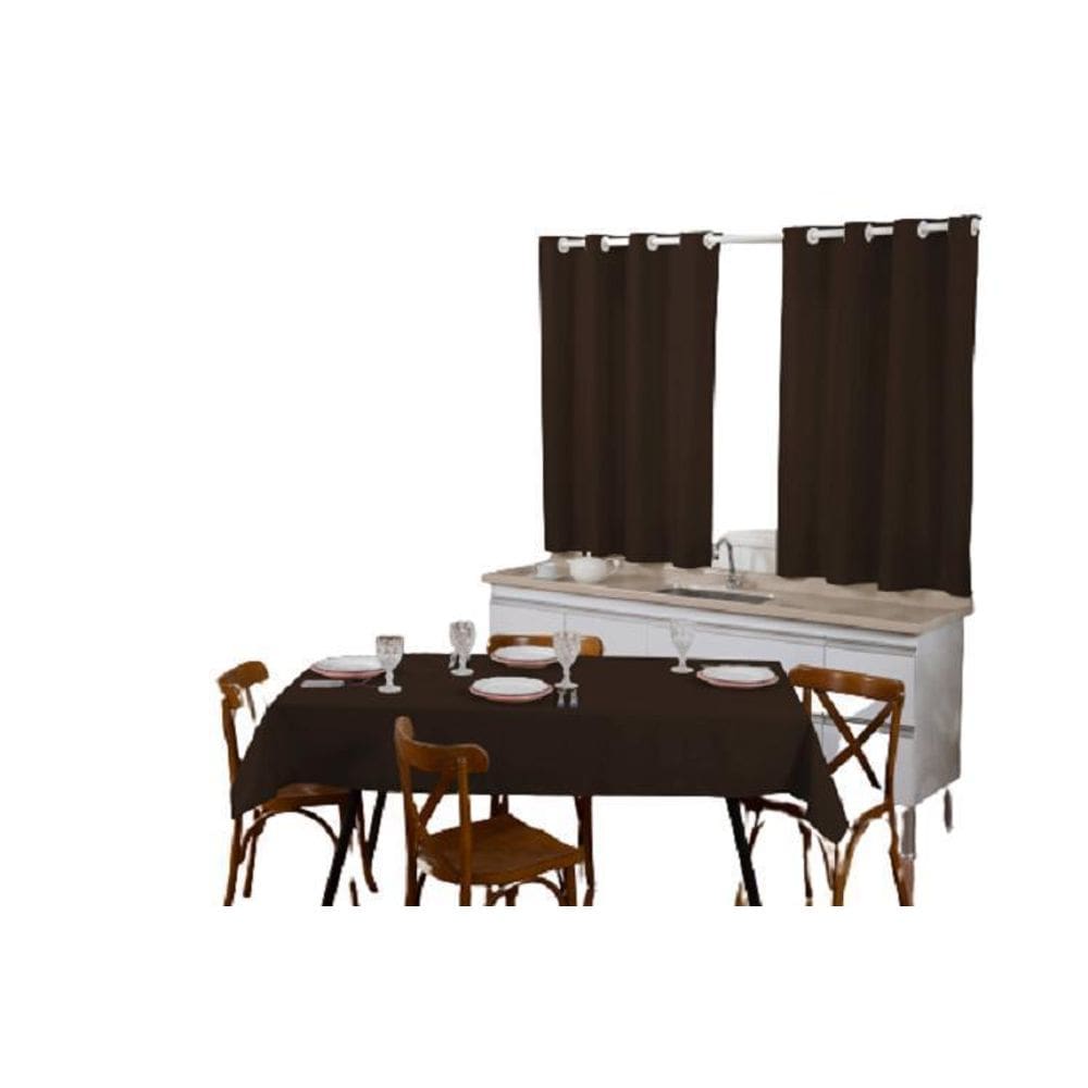 Kit Cortina Para Cozinha E Toalha De Mesa 6 Cadeiras Marrom
