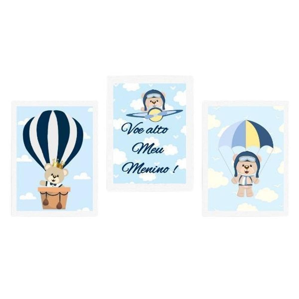 Kit 3 Quadros Infantis Voe Alto Ursinho 24X18 Madeira Branca