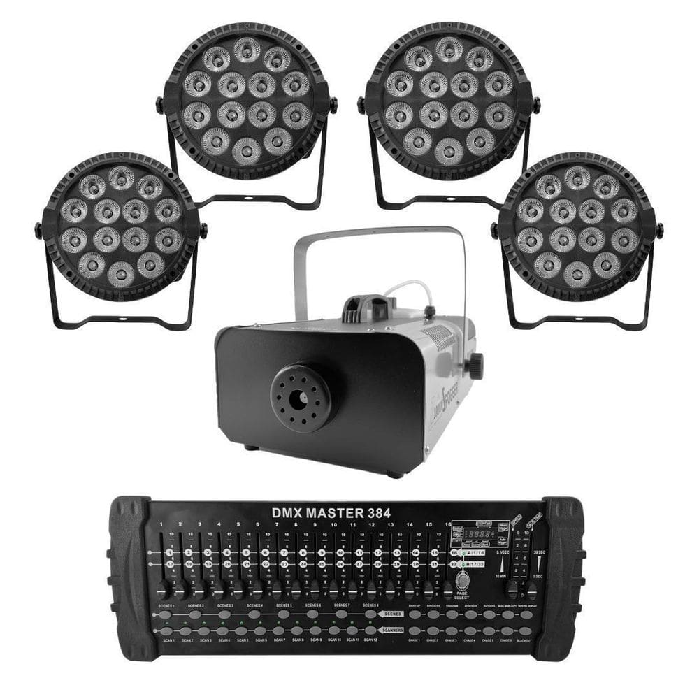 Kit 4 Par Led Slim + Máquina De Fumaça 2000W + Mesa Dmx 384