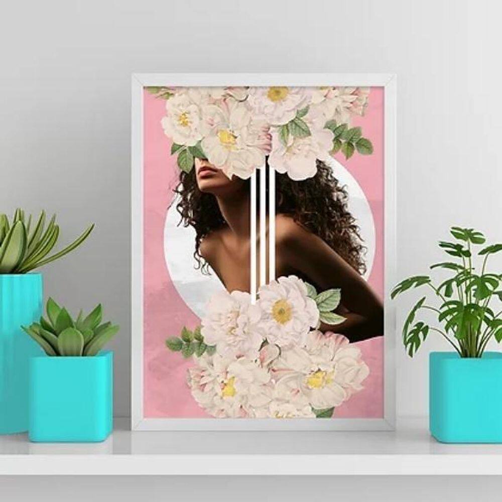 Quadro Mulher Morena Flores Rosa 33X24Cm