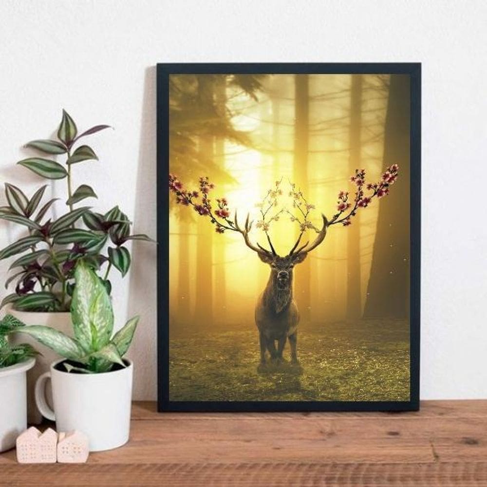 Quadro Alce Com Chifre De Flores 45X34 Com Vidro - Preta