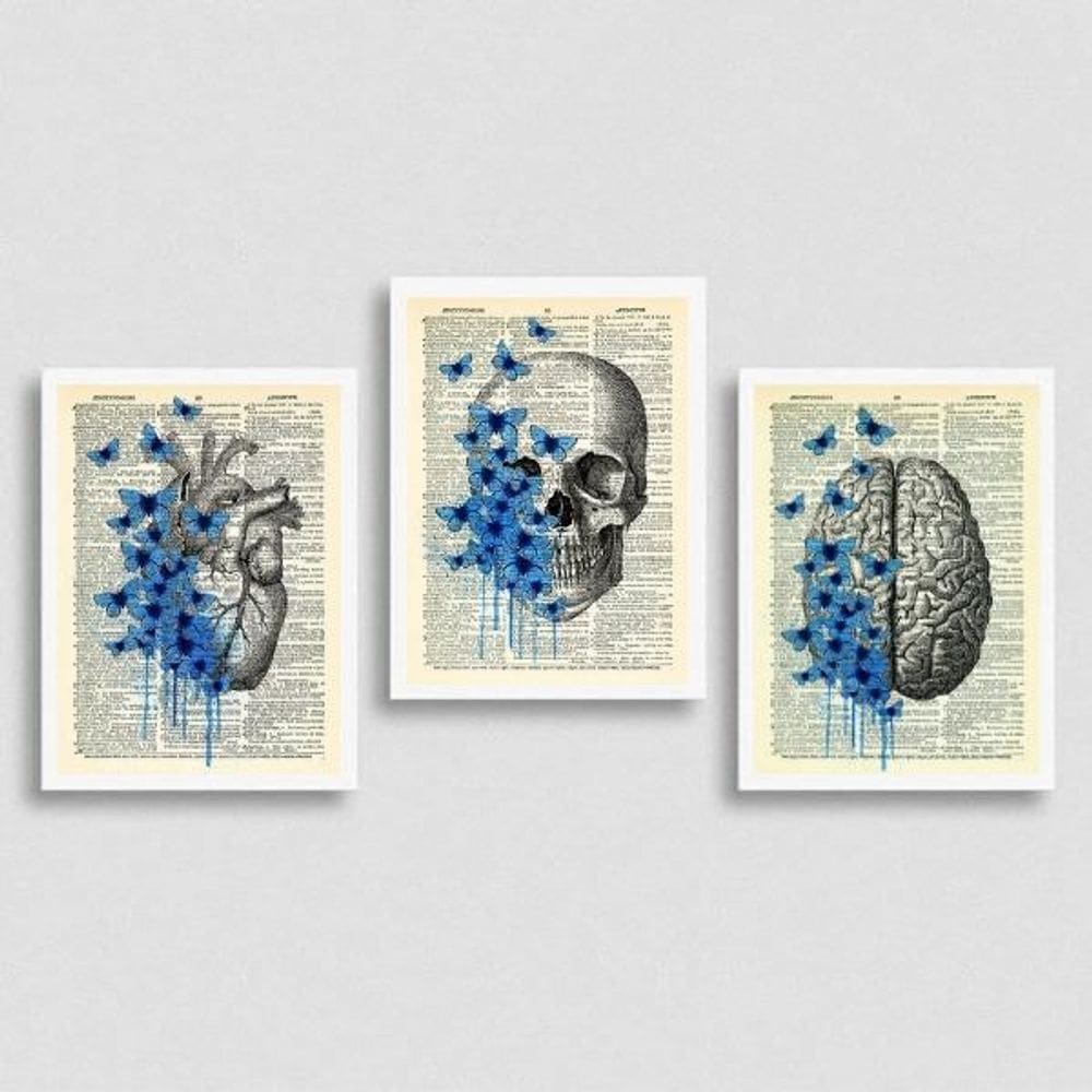 Kit 3 Quadros Psicologia Cérebro Coração 24X18 Vidro Branca