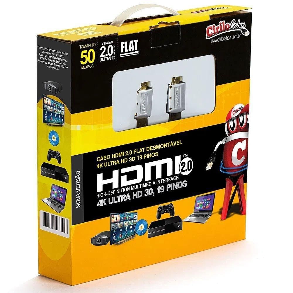 Cabo Hdmi 2.0 Flat Desmontável 19 Pinos, 4K, Ultra Hd, 3D 50