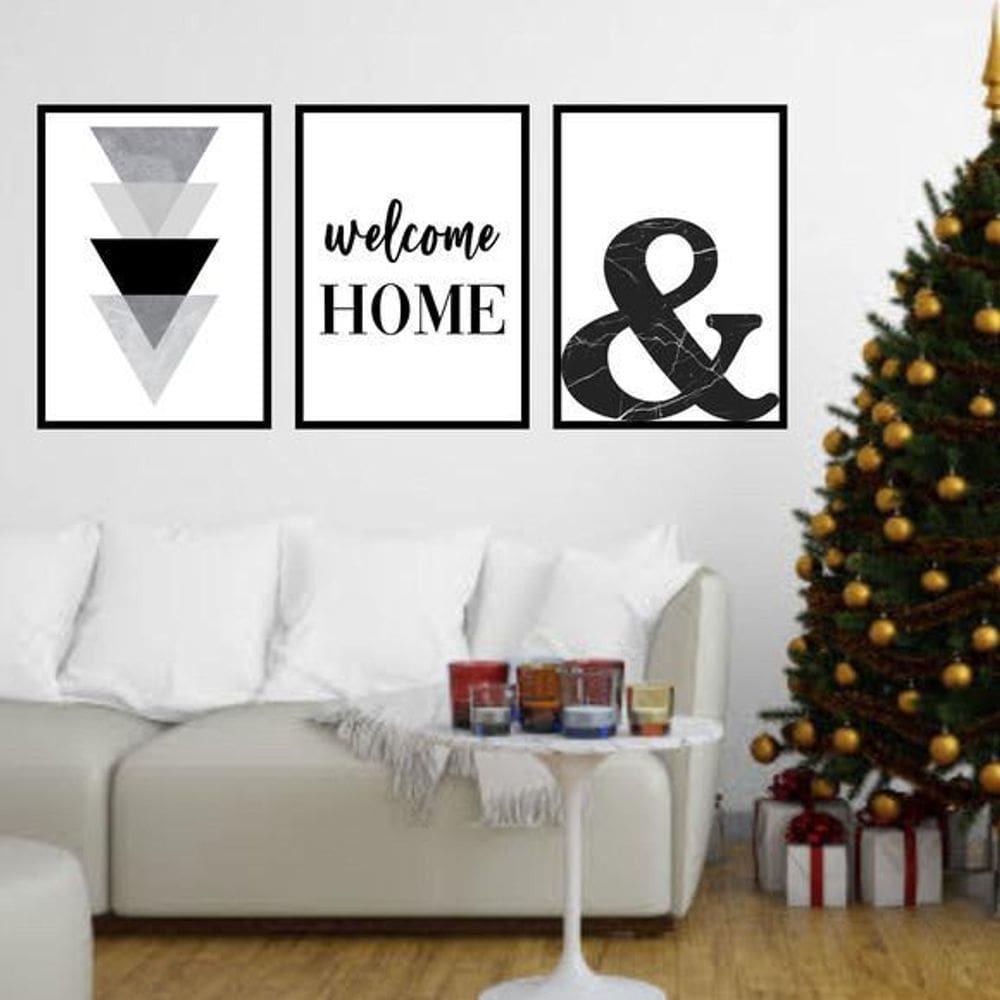 Kit Quadro Decorativo Welcome Home Triângulos 45x34cm 3 pç
