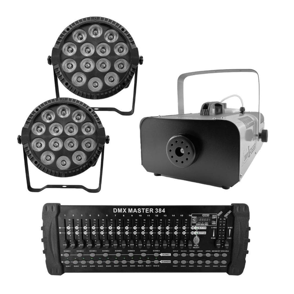 Kit 2 Par Led Slim + Máquina De Fumaça 2000W + Mesa Dmx 384