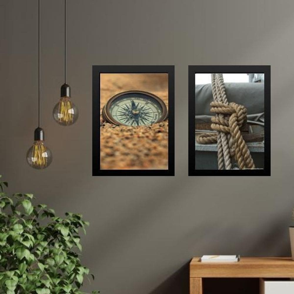 Kit 2 Quadros Coleção Praia Soft - Bússola E Cordas 24X18Cm