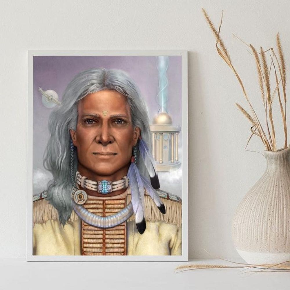 Quadro Caboclo Pena Branca 24x18cm Moldura Madeira Branca